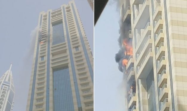  بالصور.. حريق ضخم في برج سكني بدبي